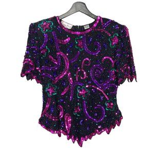 Vintage 90s Laurence Kazar Silk Sequin Beaded Formal Short Sleeve Top XL